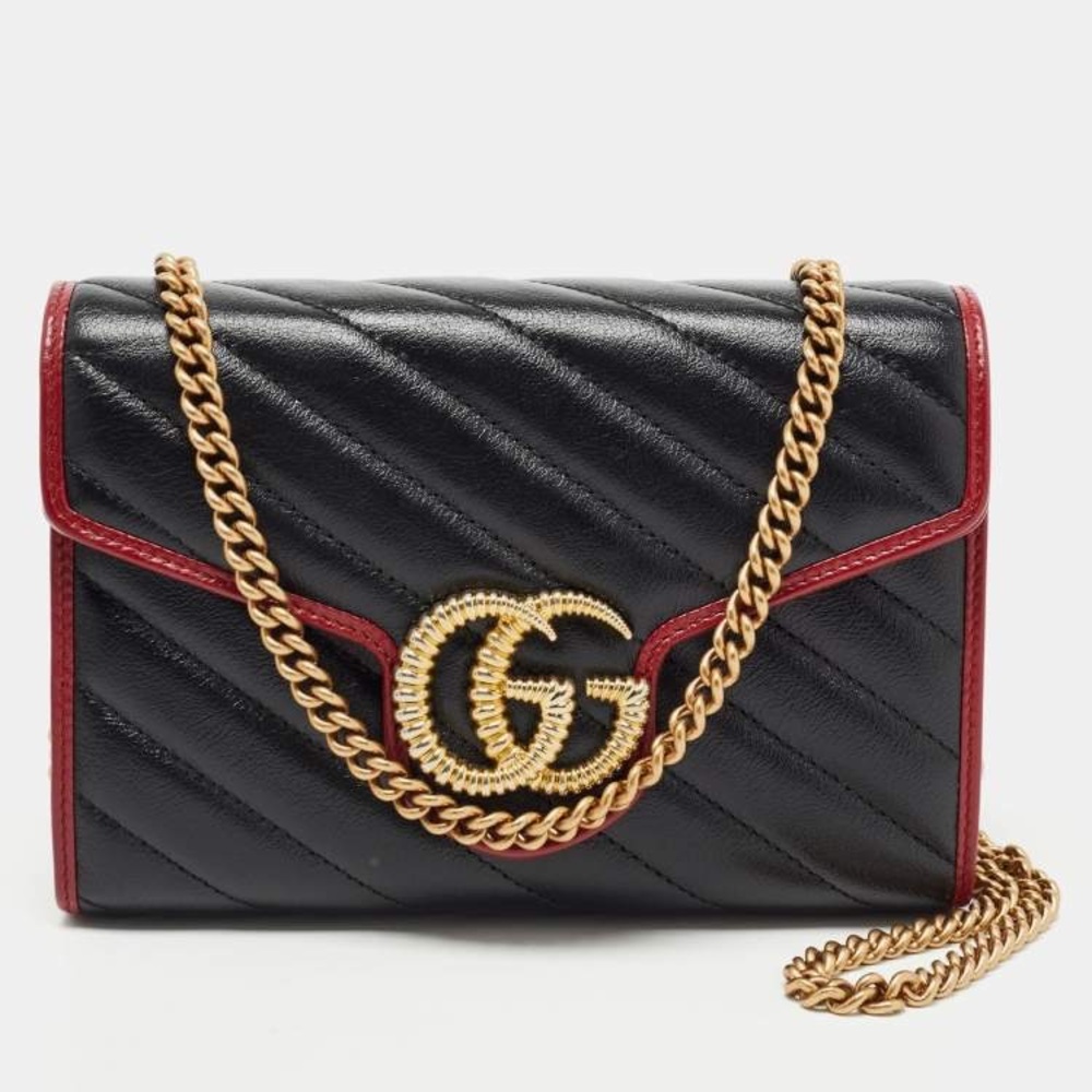 Gucci Torchon Marmont Quilted Leather Wallet on Chain WOC Bag Clutch Black/Red - Picture 3 of 17